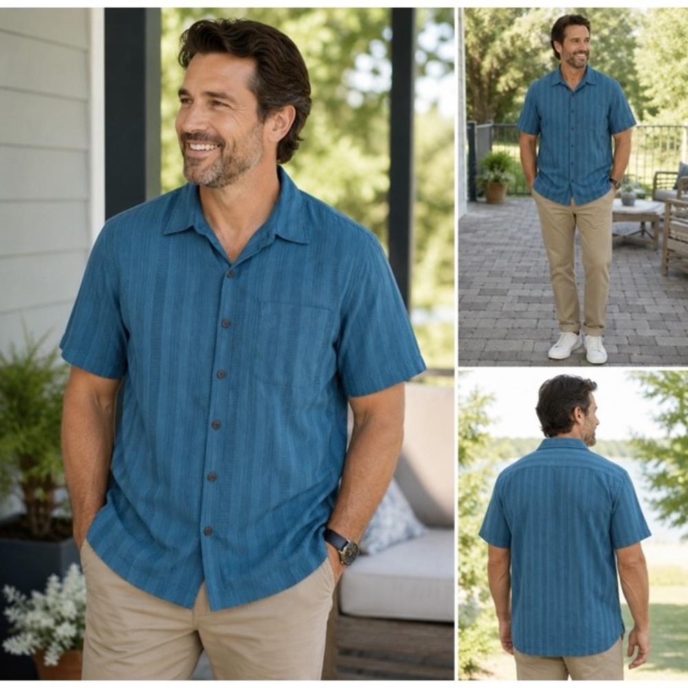 Van Heusen Mens XL Tall Teal Blue Textured Short Sleeve Button Down Camp Shirt